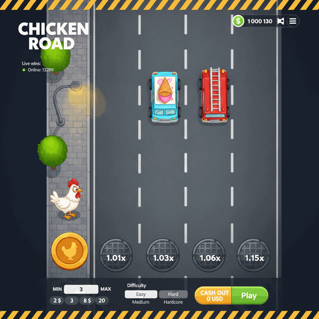 Chicken Road gioco crash di InOut che mostra una gallina cartoon che attraversa una strada a più corsie con automobili, veduta dall'alto con marcatori di moltiplicatore su ogni corsia, interfaccia di gioco con pulsanti di scommessa e ritiro vincita, grafica colorata in stile arcade con ambientazione urbana